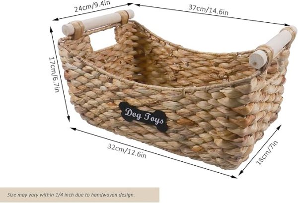 Wicker Dog Toy Basket with Wooden Handles – Storage Organizer for Toys, Leashes, and Treats