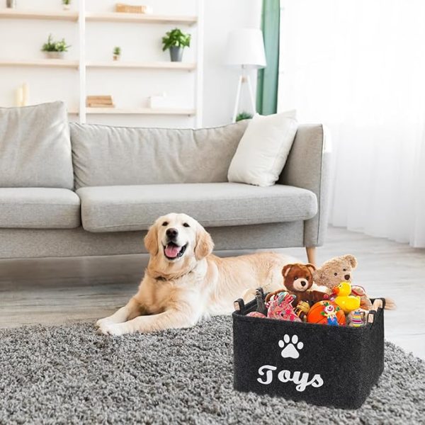 Felt Collapsible Dog Toy Storage Box with Wooden Handles – Large Organizer for Blankets, Leashes, and Toys