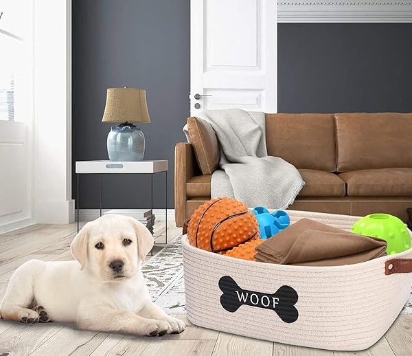 Cotton Rope Dog Toy Basket with Handle – Large Bin for Toys, Blankets, Leashes, and Accessories