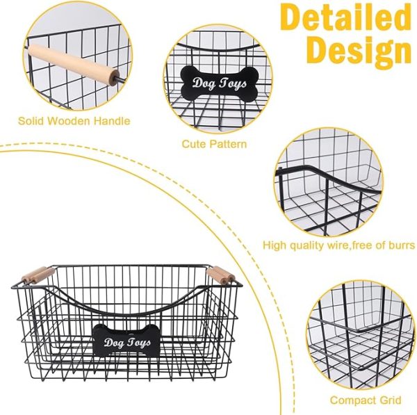 Set of 2 Metal Dog Toy Baskets with Wooden Handles, Sturdy Pet Organizer for Toys and Accessories