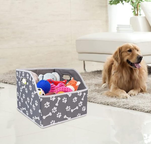 Canvas Foldable Dog Toy Bin with Metal Handles – Trapezoid Storage for Toys and Accessories