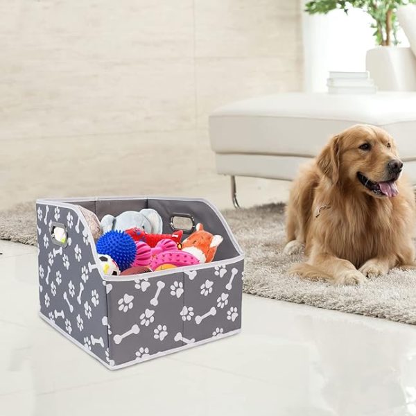 Canvas Foldable Dog Toy Bin with Metal Handles – Trapezoid Storage for Toys and Accessories