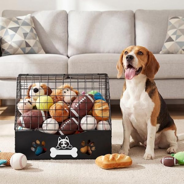 Metal Dog Toy Basket with Lid, Compact Pet Toy Storage Box for Dogs and Cats (Black)