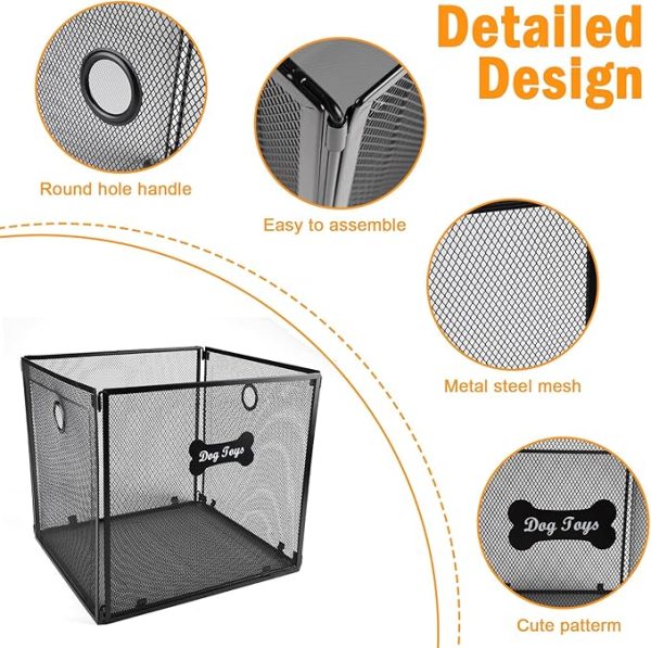 Large Metal Dog Toy Box with Ventilated Mesh, Foldable Chew-Proof Pet Storage Organizer (Black)