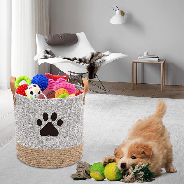 Gray-Beige Cotton Rope Dog Toy Basket – Multi-Purpose Bin for Toys, Blankets, and Leashes
