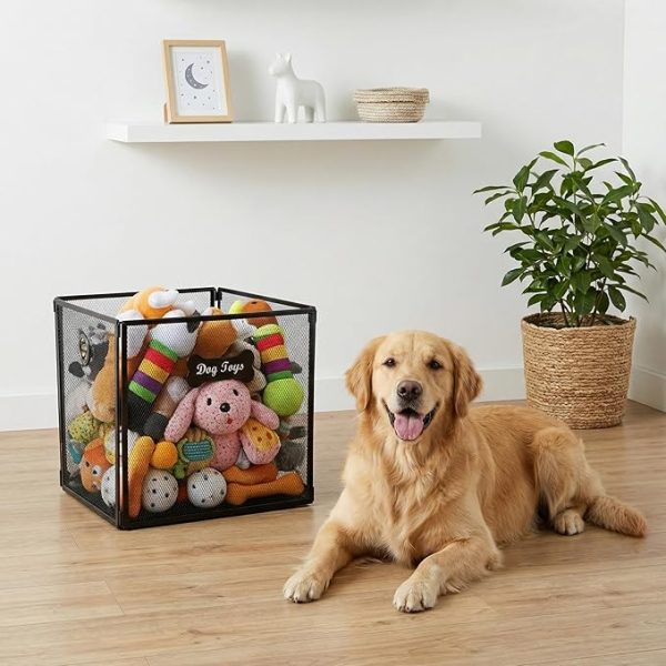 Large Metal Dog Toy Box with Ventilated Mesh, Foldable Chew-Proof Pet Storage Organizer (Black)