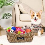 Wicker Dog Toy Basket with Wooden Handles – Storage Organizer for Toys, Leashes, and Treats
