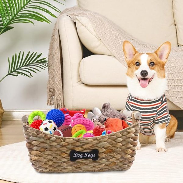 Wicker Dog Toy Basket with Wooden Handles – Storage Organizer for Toys, Leashes, and Treats