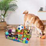 Set of 2 Metal Dog Toy Baskets with Wooden Handles, Sturdy Pet Organizer for Toys and Accessories